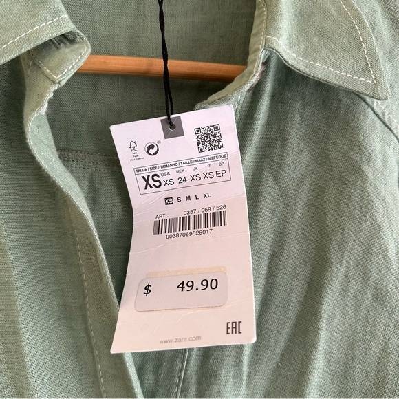 Zara Linen topstitched jumpsuit in light green Size XS Minimalist Beachy - Picture 7 of 9